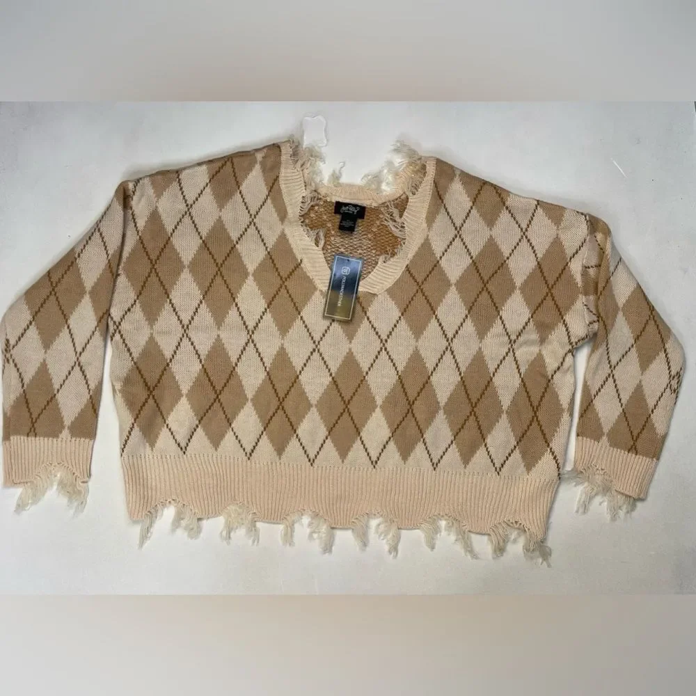 Just Polly New York Sweater Crop Distressed Fringe Women XL Cream Beige NWT